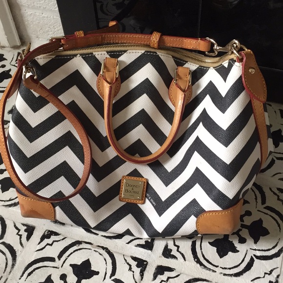 Dooney & Bourke Handbags - Dooney & Bourke Black white chevron purse tan trim